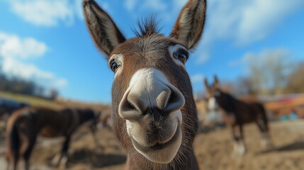 Obraz premium The donkey looks into the camera lens, close-up of the funny muzzle