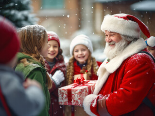 Santa Claus in a red suit with a white beard distributes gifts to children