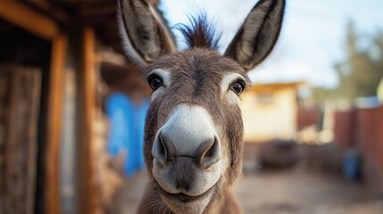 The donkey looks into the camera lens, close-up of the funny muzzle