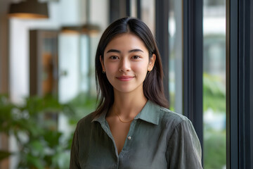 Portrait of successful young Asian businesswoman looking at camera and smiling inside modern office building