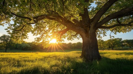 The sun rising behind the Oak Tree on a calm spring morning
