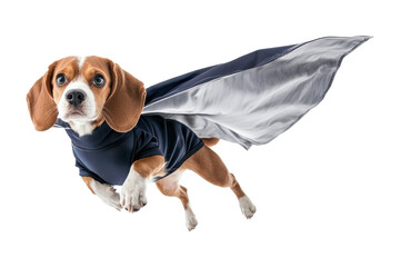 A beagle dog wearing a superhero cape, flying with a determined expression cut out transparent isolated PNG