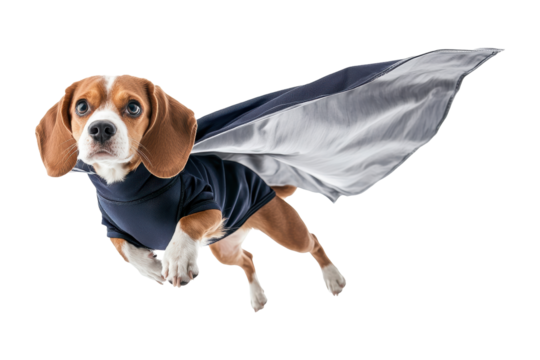 A beagle dog wearing a superhero cape, flying with a determined expression cut out transparent isolated PNG