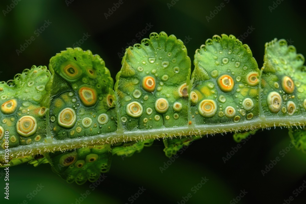 Poster Close-up view of vibrant green fern leaf displaying intricate patterns and textures in natural habitat during daylight hours
