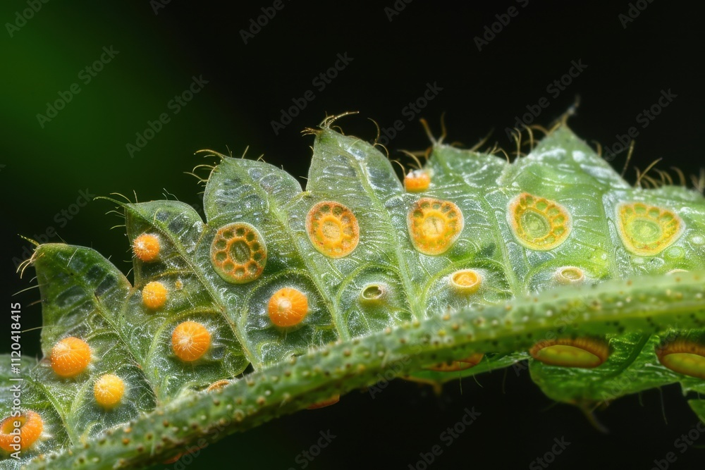 Poster close-up view of vibrant green fern leaf displaying intricate patterns and textures in natural habit