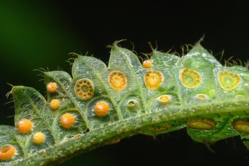 Naklejka premium Close-up view of vibrant green fern leaf displaying intricate patterns and textures in natural habitat during daylight hours