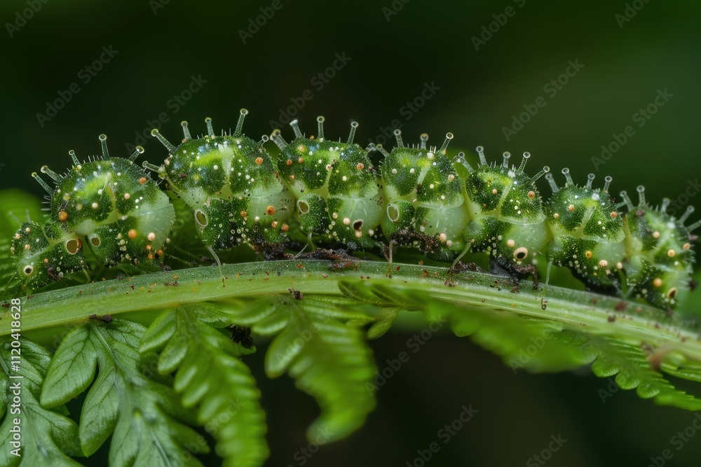 Poster Close-up view of vibrant green fern leaf displaying intricate patterns and textures in natural habitat during daylight hours