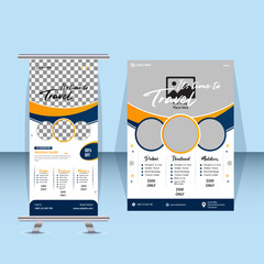 Travel rollup banner, pull up, Travel flyer, display, x-banner, and flag-banner Set with blue, red, yellow color