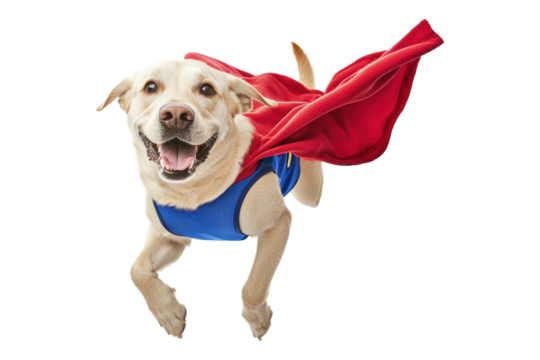 A joyful dog in a superhero costume flying with excitement against a white isolated background.
