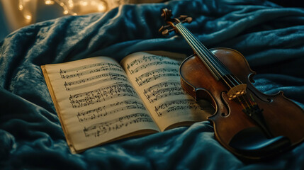Fototapeta premium Classical music sheet notes elegantly displayed on a wooden stand, embodying the timeless beauty and intricate artistry of orchestral compositions.