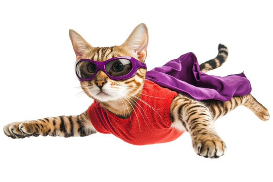 A playful cat in a superhero costume, ready for action against a white isolate background.