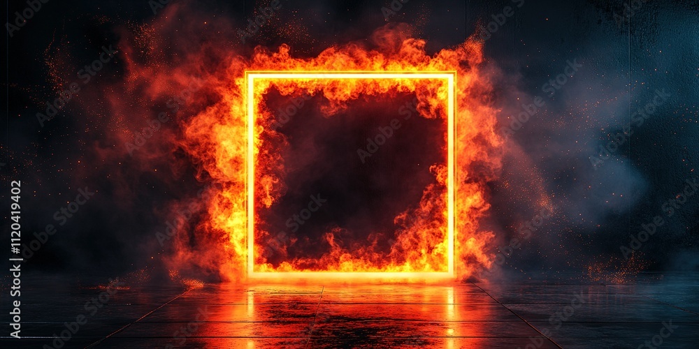 Poster flickering flames dance around a glowing square frame in a dark void, creating a captivating visual 