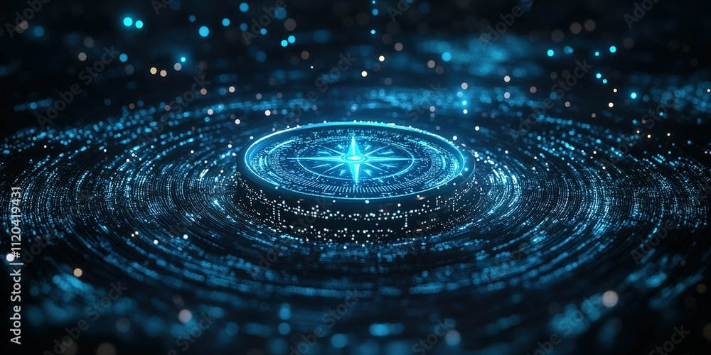 Poster digital compass visualizing navigation and direction in a futuristic environment