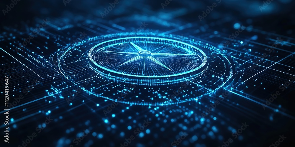 Poster digital compass design illuminated by blue light on a dark background with intricate patterns and co