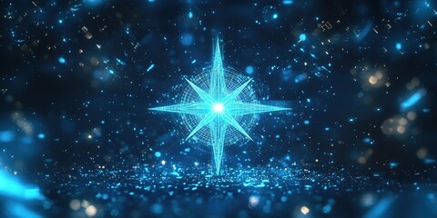 Digital star compass with glowing blue particles against dark background