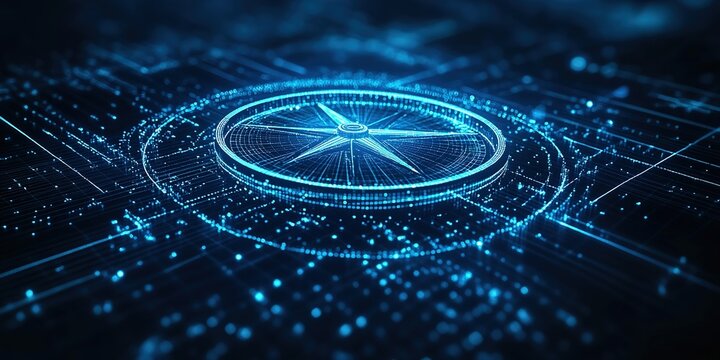 Digital compass design illuminated by blue light on a dark background with intricate patterns and connections