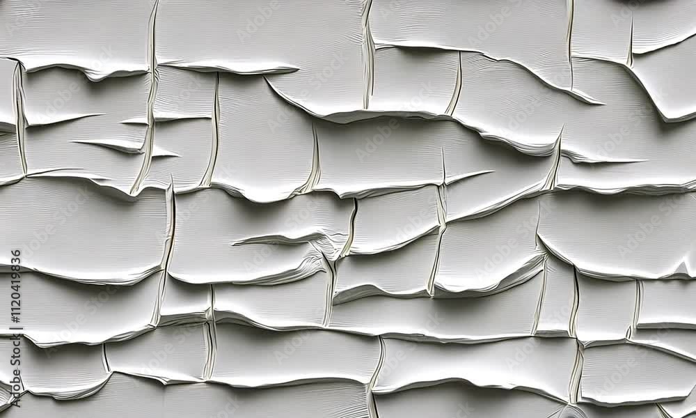 Poster a detailed view of a textured white wall showcasing intricate cracks and waves created by a unique p