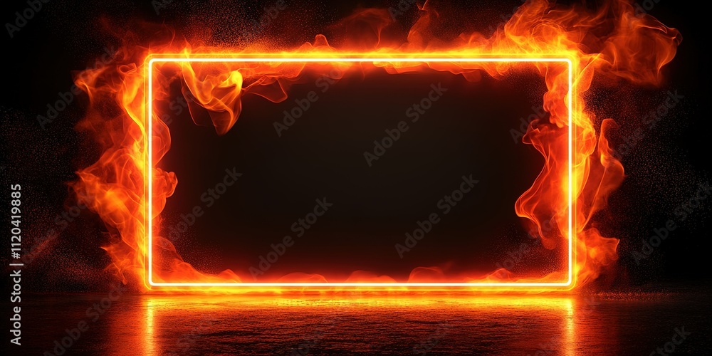 Poster bright flames create a glowing rectangular frame against a dark background with smoke rising around 