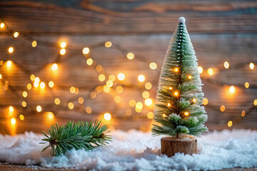 Festive miniature Christmas tree with lights and snow on wood.