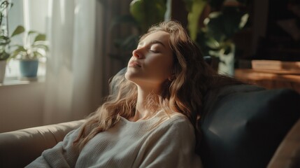 Woman, relax and meditation on sofa in living room, mental health. Home, inner peace and zen
