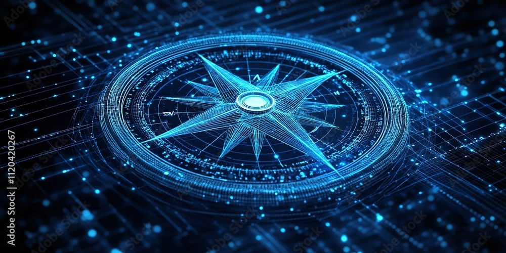 Poster digital compass design showcasing intricate geometric patterns with vibrant blue lights in a futuris