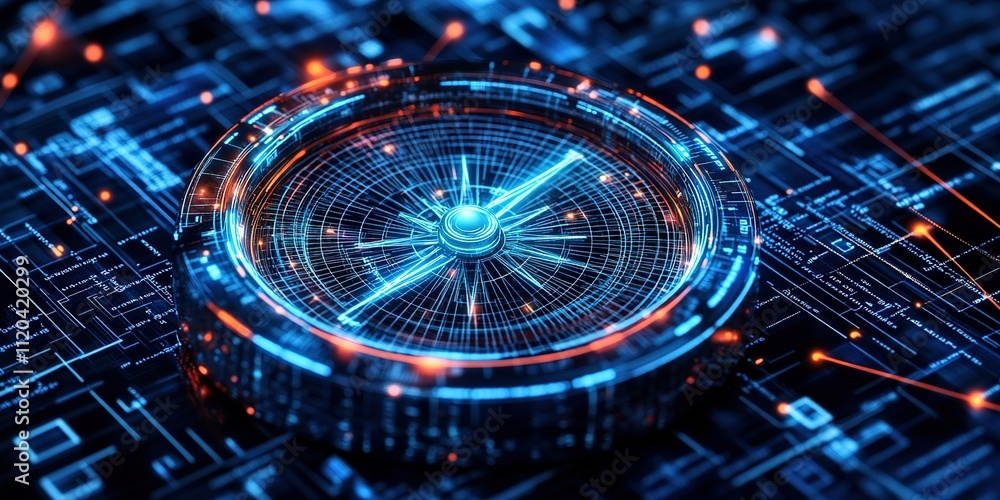 Poster high-tech compass design illuminated with blue and orange lights on a digital circuit background