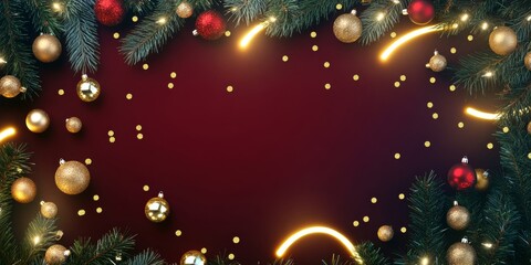 Christmas background with vibrant tones and decorative tree branches. Adorned with dark lights and shimmering ornament balls, elegant holiday frame. Perfect for banners, posters, or festive designs.