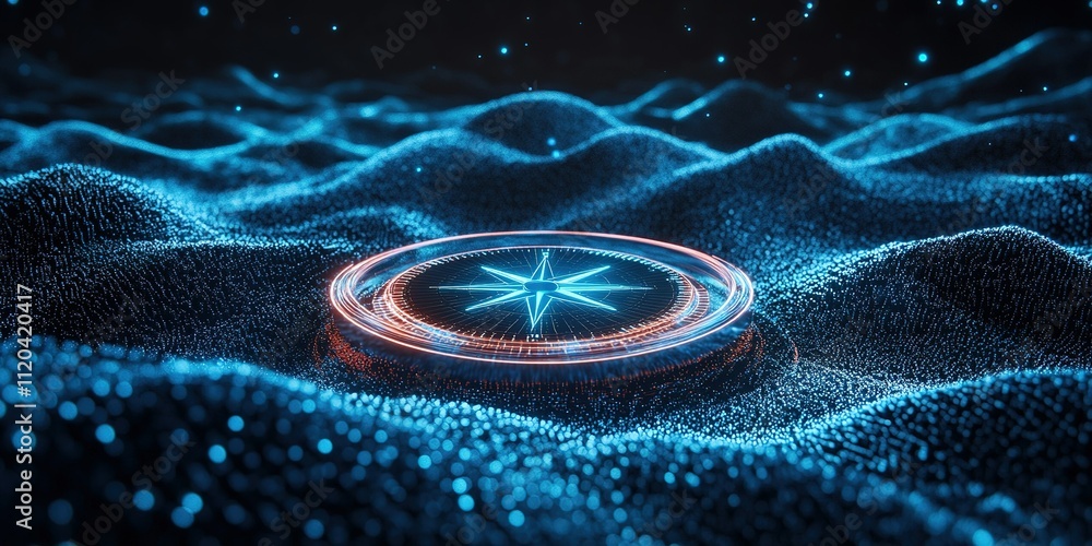 Poster digital compass glowing on a dynamic surface with an ethereal blue glow in a futuristic setting