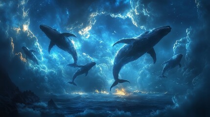 Obraz premium Majestic whales swimming through ethereal oceanic clouds at twilight in a fantastical seascape