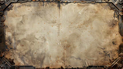 A detailed steampunk-inspired textured background with metallic gears, worn edges, and distressed parchment