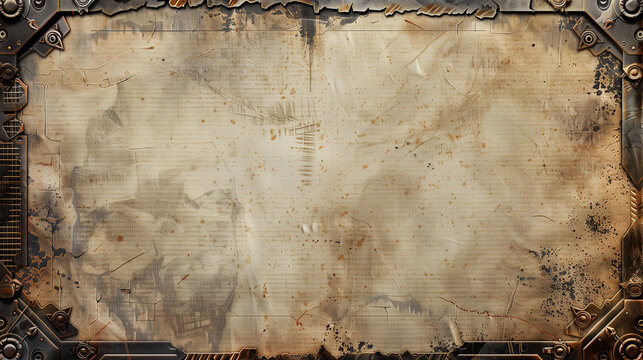A detailed steampunk-inspired textured background with metallic gears, worn edges, and distressed parchment