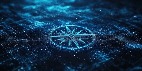 Bright blue digital compass over a shimmering dark background represents navigation and technology in modern exploration