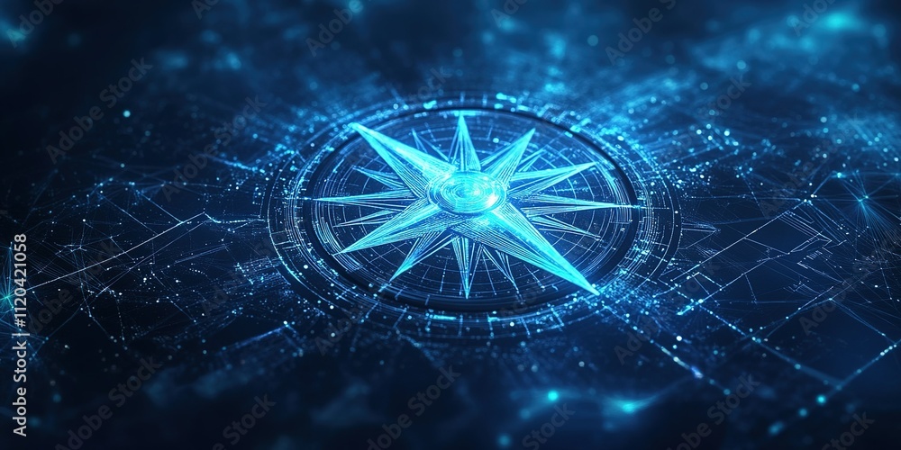 Poster digital compass design with glowing blue elements on a dark background showcasing advanced technolog