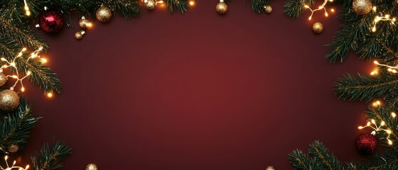 Christmas background with vibrant tones and decorative tree branches. Adorned with dark lights and shimmering ornament balls, elegant holiday frame. Perfect for banners, posters, or festive designs.