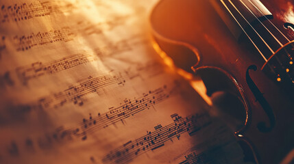 Fototapeta premium Classical music sheet notes elegantly displayed on a wooden stand, embodying the timeless beauty and intricate artistry of orchestral compositions.