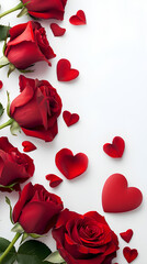 Red rose petals are scattered artfully along the edges of a white surface, creating a romantic atmosphere perfect for Valentine's Day celebrations or special occasions
