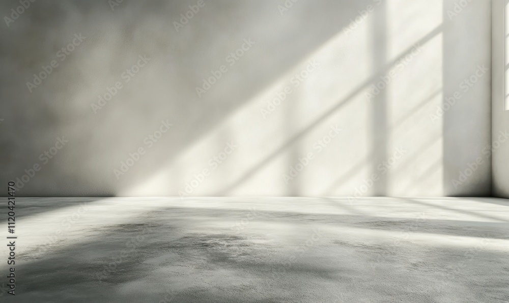 Poster light abstract streaming through a window, creating shadows in an empty industrial space with a conc