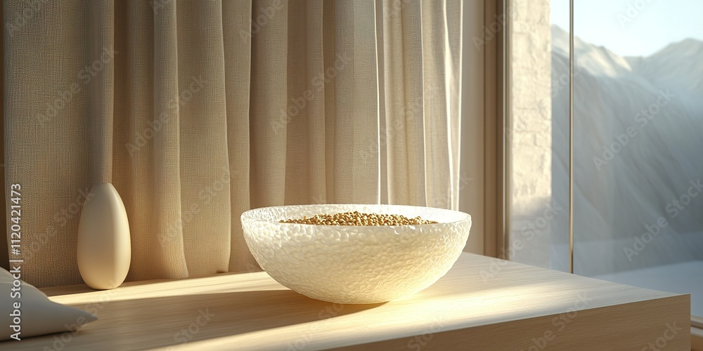 Aufkleber decorative bowl filled with grains and soft light filtering through sheer curtains in a serene setti