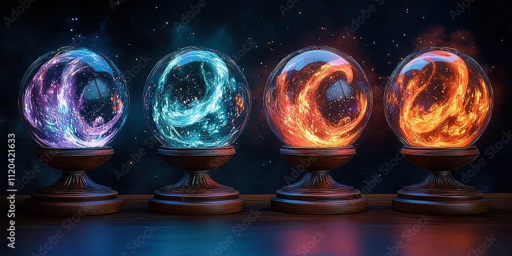 Poster colorful glowing crystal orbs representing elemental powers in a mystical setting with starry backgr