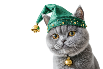 Cute gray cat wearing a festive green elf hat with a bell, isolated on a white background.