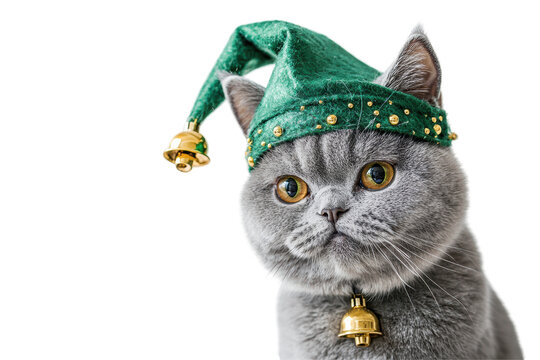 Cute gray cat wearing a festive green elf hat with a bell, isolated on a white background.