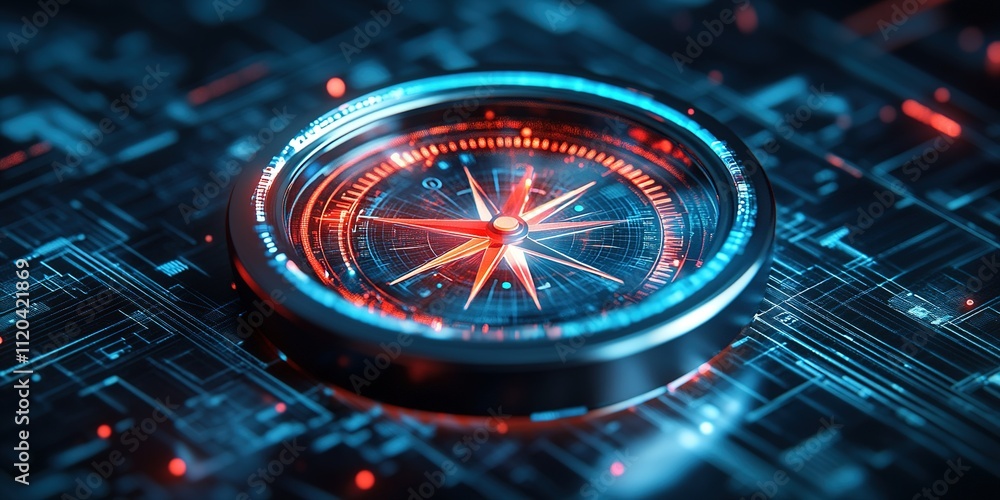 Poster glowing compass on a futuristic digital background with intricate patterns during a nighttime settin