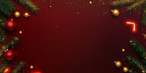 Christmas background with vibrant tones and decorative tree branches. Adorned with dark lights and shimmering ornament balls, elegant holiday frame. Perfect for banners, posters, or festive designs.