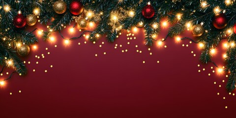 Christmas background with vibrant tones and decorative tree branches. Adorned with dark lights and shimmering ornament balls, elegant holiday frame. Perfect for banners, posters, or festive designs.
