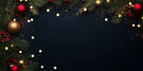 Christmas background with vibrant tones and decorative tree branches. Adorned with dark lights and shimmering ornament balls, elegant holiday frame. Perfect for banners, posters, or festive designs.