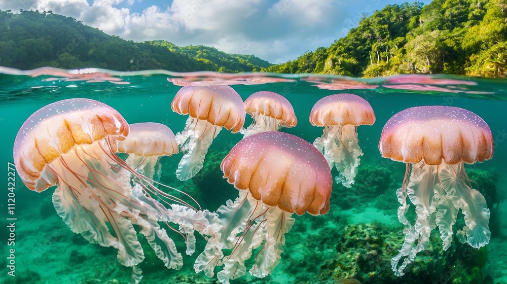Poster a mesmerizing display of pink jellyfish gliding through crystal-clear waters, surrounded by lush gre
