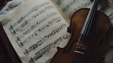 Naklejka premium Classical music sheet notes elegantly displayed on a wooden stand, embodying the timeless beauty and intricate artistry of orchestral compositions.