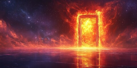 Mystical doorway of fire and energy stands amidst a cosmic landscape filled with stars and swirling galaxies