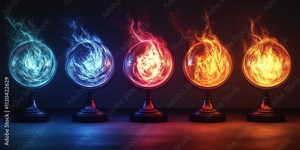 Poster colorful energy orbs with swirling flames and smoke effects create a dynamic display in a dark envir