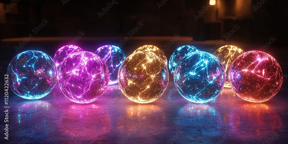 Poster colorful glowing spheres create a mesmerizing display in a dimly lit environment during the evening